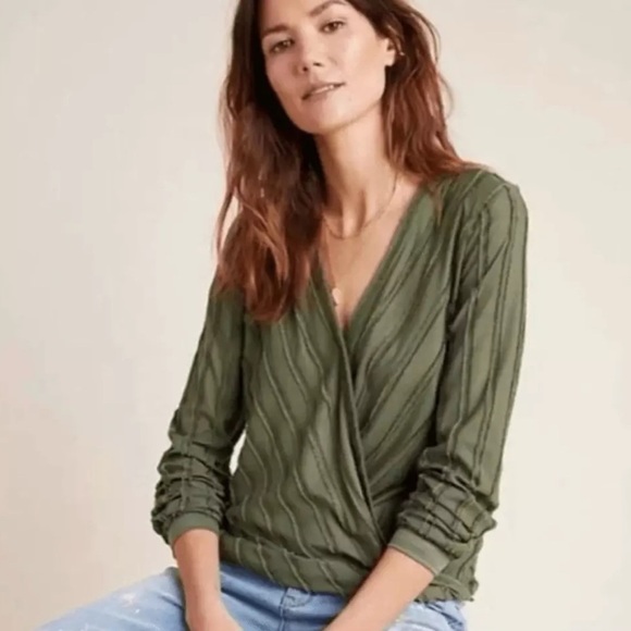 Mauve by Anthropologie Green Textured Wrap Audre Top with Button - Picture 2 of 8